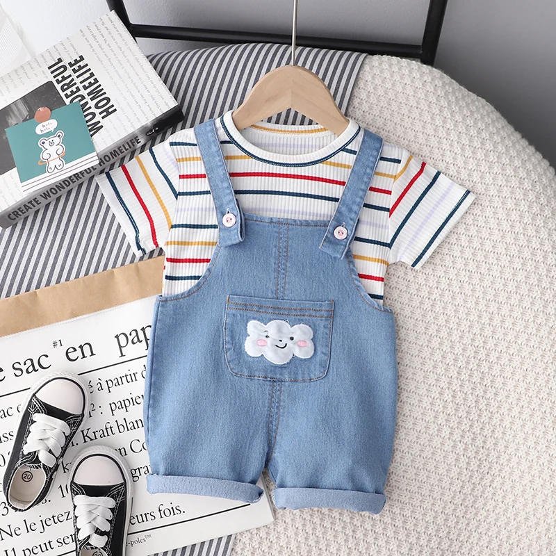 

2 шт., футболка и джинсовые шорты для девочек, в полоску