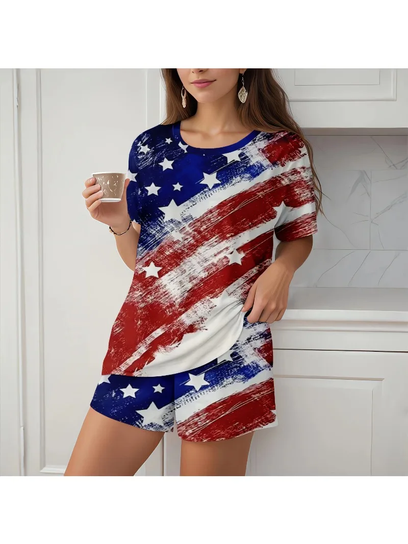 Женский модный комплект из шорт с принтом и U-образным вырезом коротким рукавом