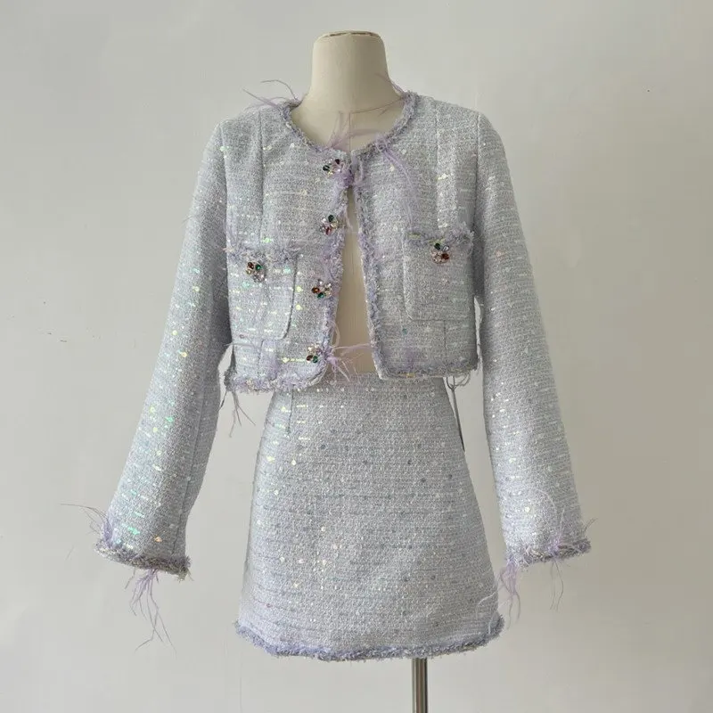 

Женский твидовый костюм из двух предметов, комплект из двух предметов: короткая куртка и мини-юбка с блестками и роскошными перьями