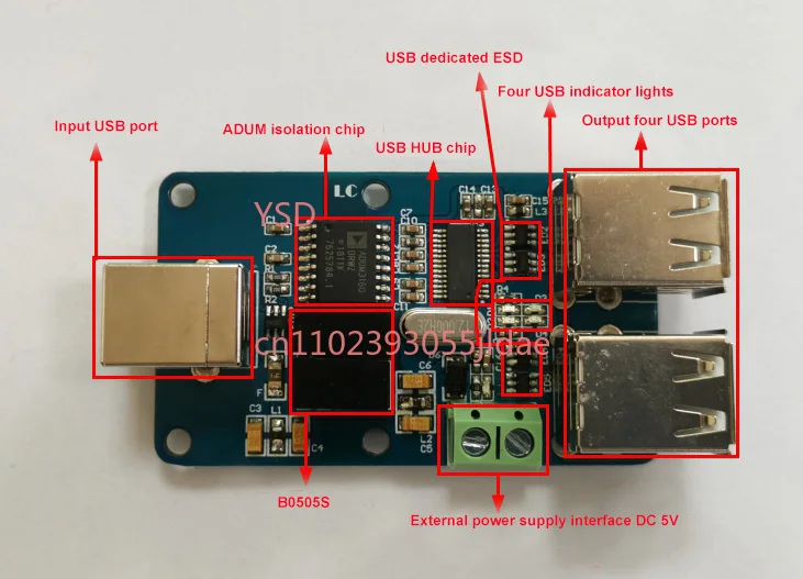 Фото 4-портовый изолирующий модуль USB 2.0 ADUM3160, плата защиты от помех с изоляцией 1500В №4