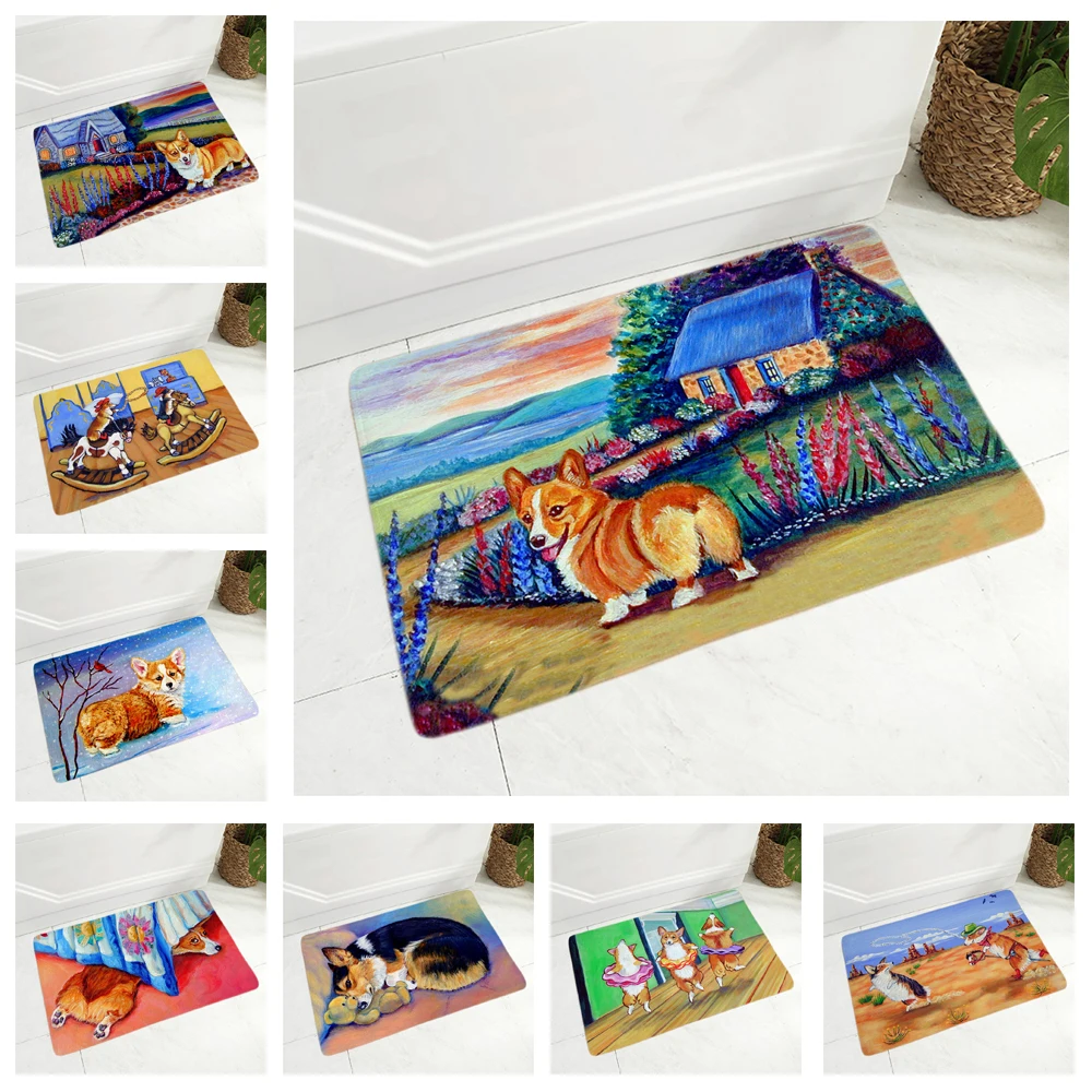 

Oil Painting Welsh Corgi Pembroke Dog Floor Door Mat for Hallway Kitchen Room Non-Slip Soft Flannel Carpet Decor Animal Doormat