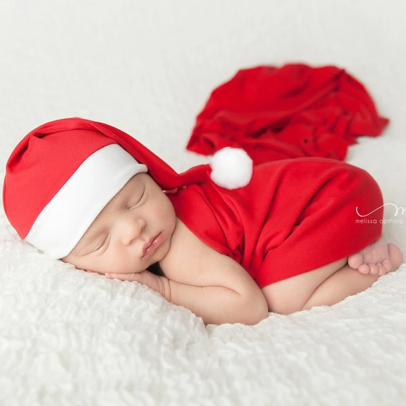 Newborn Photography Clothing Red Christmas Hat+Wrap 2pcs/Set Infant Christmas Shoot Costume Studio Baby Photo Props Accessories