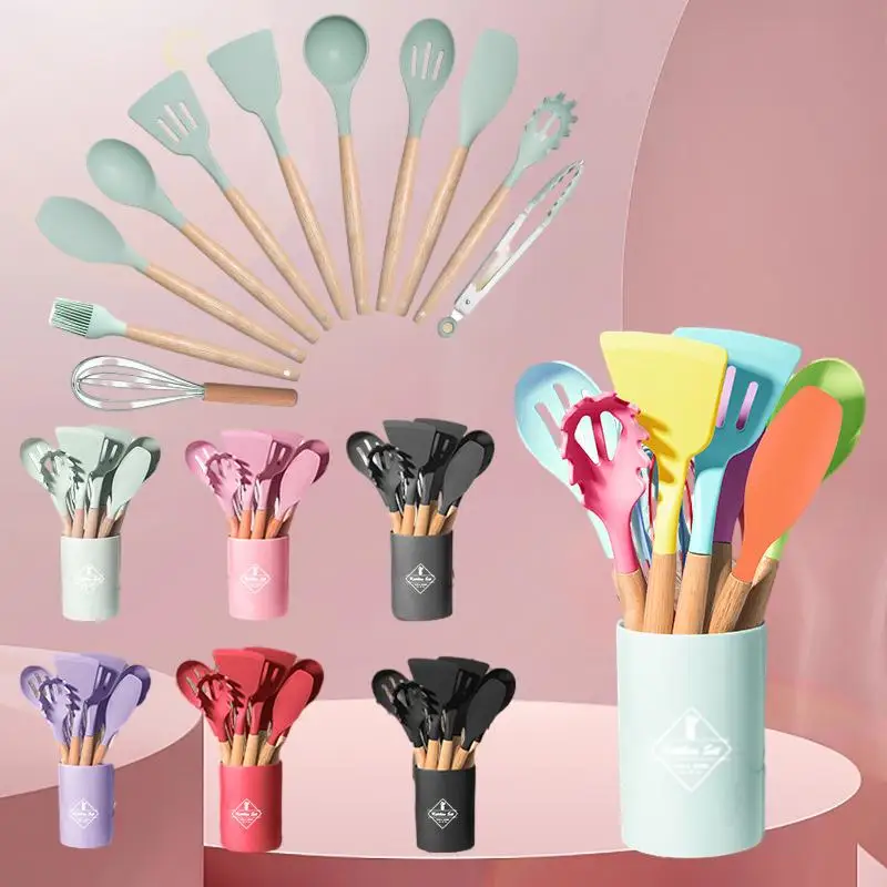 

11-Piece Silicone Kitchen Utensils Set with Wooden Handles for Non-Stick Pans - Premium Quality Cooking Tools and Kitchenware