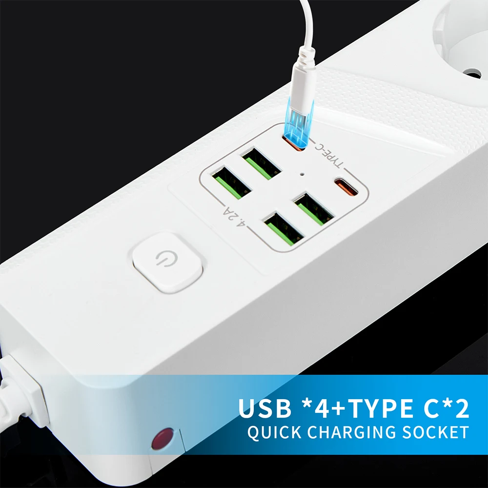 Kup 3000W Ue Listwa Zasilająca Z Zabezpieczenie Przed Przeciążeniem 4USB C 2typ C Rozdzielacz ładowarki Rozszerzenie Gniazdo Z Przełącznikiem 2m Wtyczka Europejska Rozszerzenie