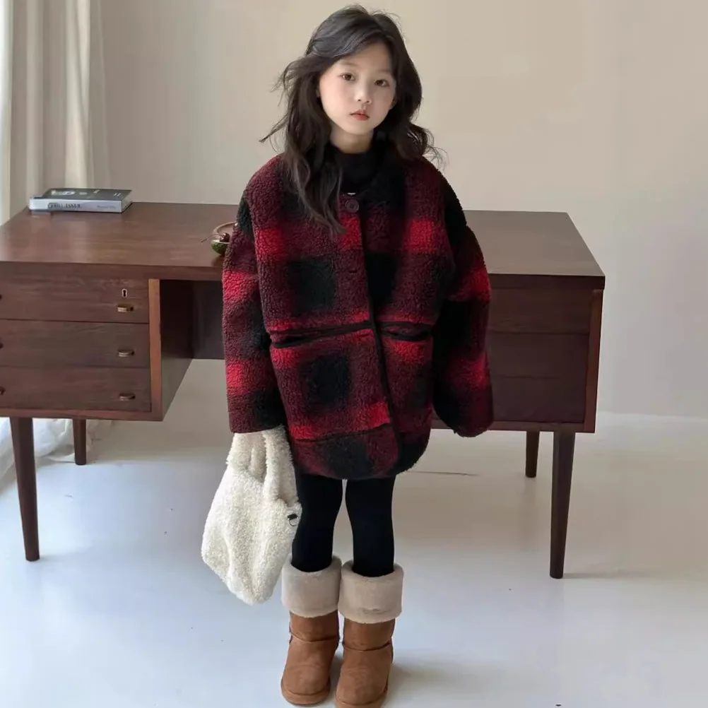 Зимняя красная клетчатая верхняя одежда для маленьких девочек пальто из
