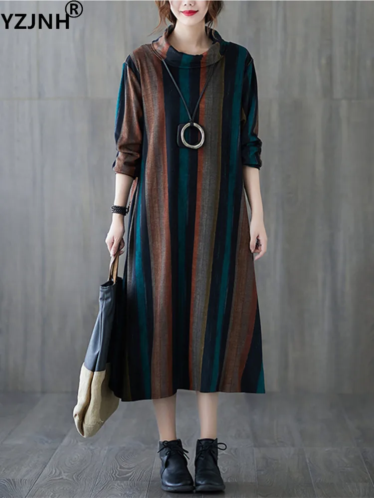 

Зимнее длинное платье YZJNH 2023, женское свободное винтажное утепленное кашемировое платье с принтом в полоску и высоким воротником для женщин