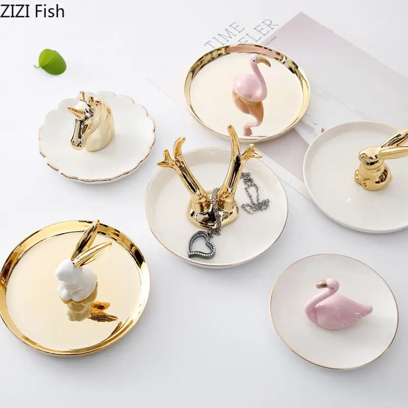 

Gold-plated Ceramic Storage Tray Dresser Table Jewelry Box Cosmetics Container Animal Trays Decorative Modern Home Decor