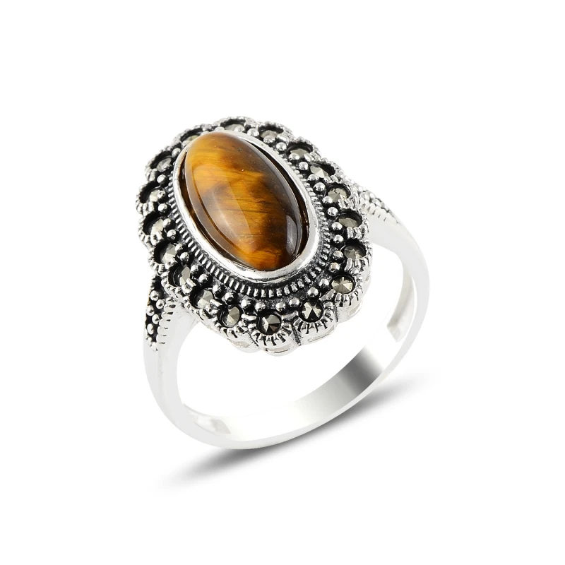 

Серебряное кольцо с тигровым глазом и марказитом