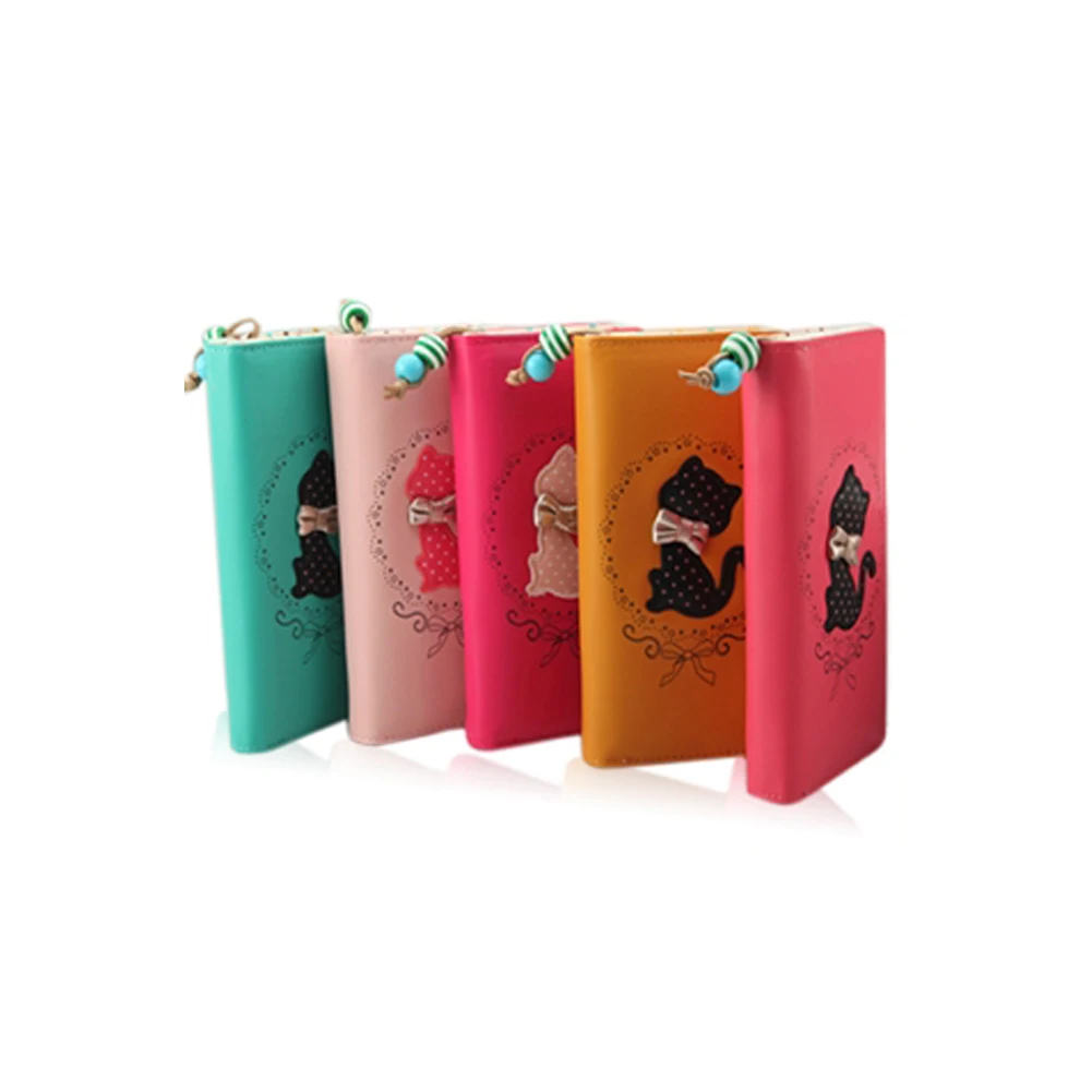 

Girls Bifold Leather Purse Dots Cartoon Cat Pattern Clutch Long Zipper Wallet Handbag D88