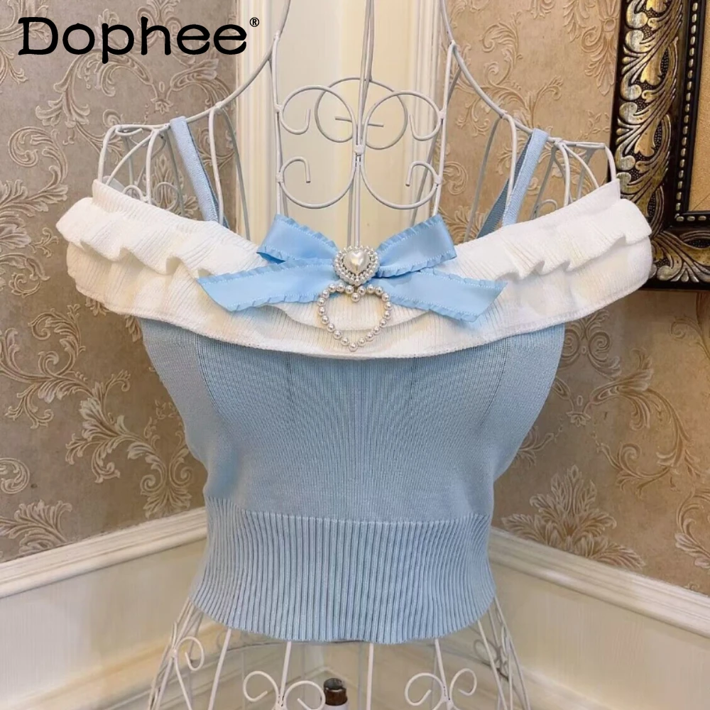 

Women's New Camisoles Princess Bowknot Love Pearl Tree Fungus-like Lacework Slim Fit Show Umbilical Knitted Vest Top Short Sling