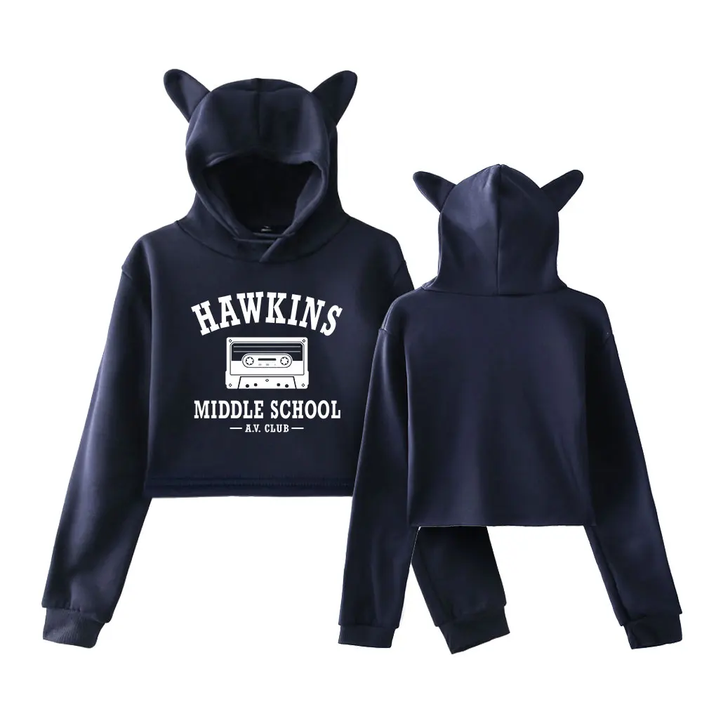 Hawkins Middle School 2023 Autumn Winter Women's Casual Cat Ears Hoodie Girls Long Sleeve Sweatshirt Pullover Sweet Jacket Tops