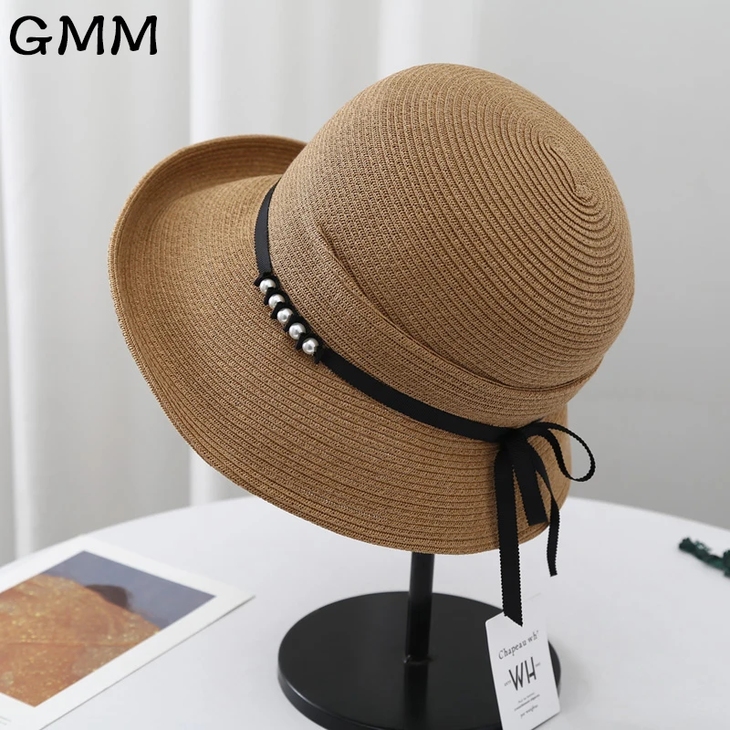 

Fashion Pearl Belt Floppy Straw Hat Summer Women's Hat Dome Top Panama Ladys bucket hat Wide Brim Anti-UV Beach Holiday Sun Cap