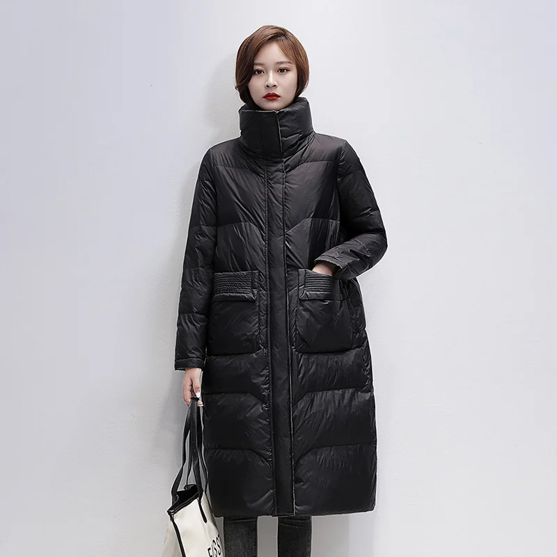 

Winter Women's Hooded Parka Solid Color White Duck Down Jacket Long Over-the-Knee Ladies Thickening Warm Women's Coat Jacket