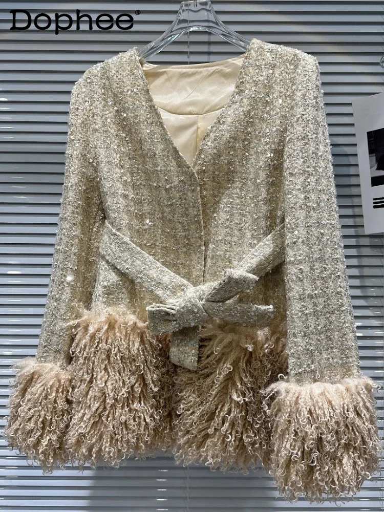 

Imitation Lamb Wool Hem Stitching Bright Silk Tweed Short Coat Female 2023 Autumn Winter New V-neck Long Sleeve Jacket Women