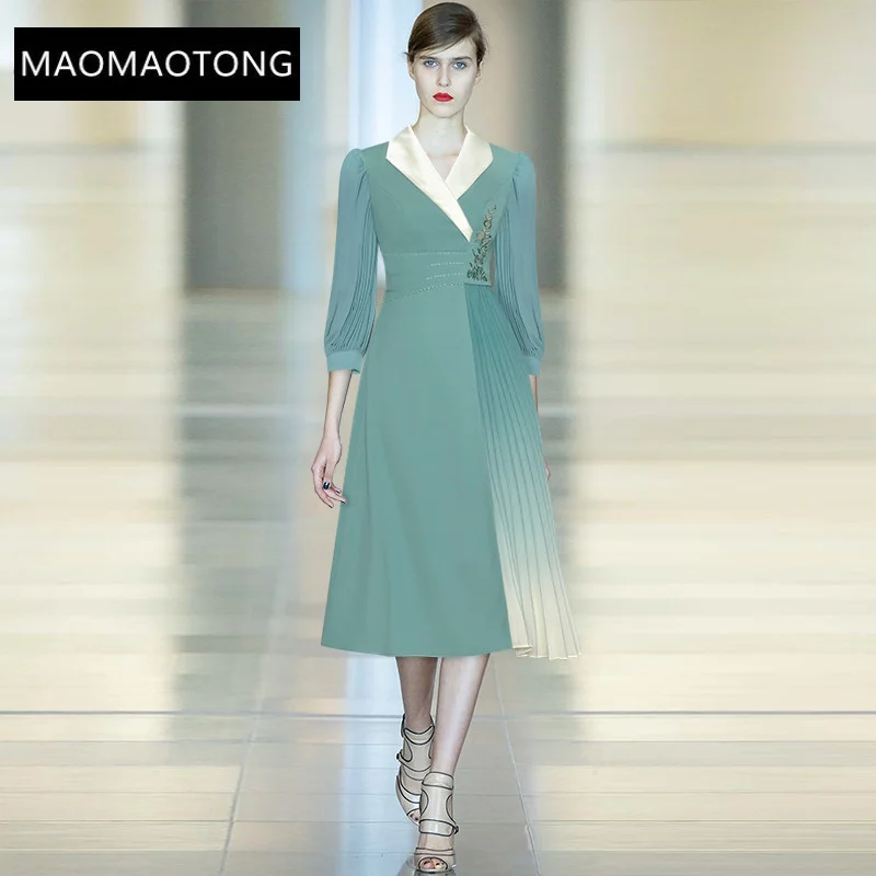 

Fashion Designer Spring Dress Women's Lantern sleeve Beading Embroidery Pleated Elegant Midi Dress Vestidos