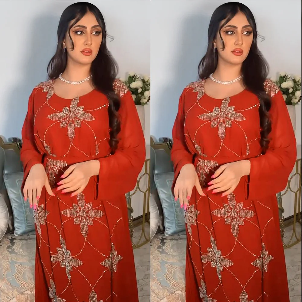 Turkish Kaftan Caftan For Women Muslim Snowflake Pattern Thickened Chiffon Gary Belt Dress Women Abaye With Long Sleeves