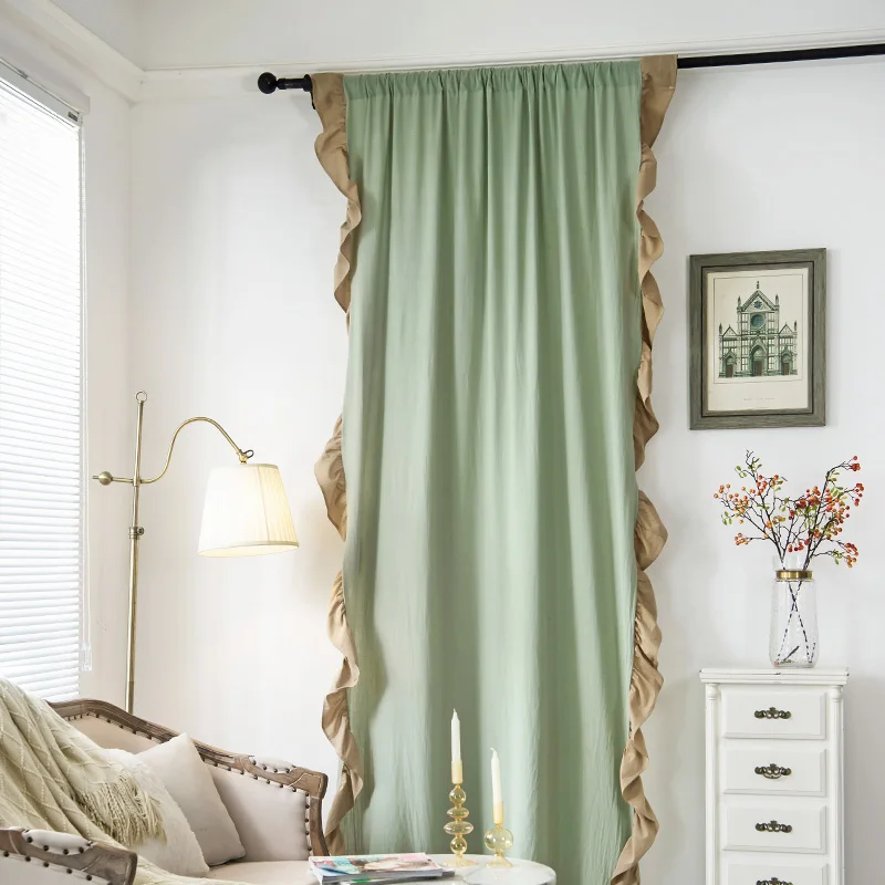 

Light Green French Semi Blackout Curtains Retro Ruffle Curtains For Living Room Bedroom Balcony