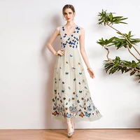 womens summer dress 2022 patchwork lace robe sleeveless flower butterfly embroidered mesh vestidos v neck organza maxi dresses