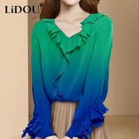 2022 gradient ruffles elegant fashion long sleeve pullover shirt v neck temperament wild blouse womens spring summer clothes