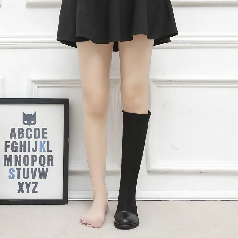 Эластичные длинные сапоги для женщин черные меховые до колена на среднем каблуке