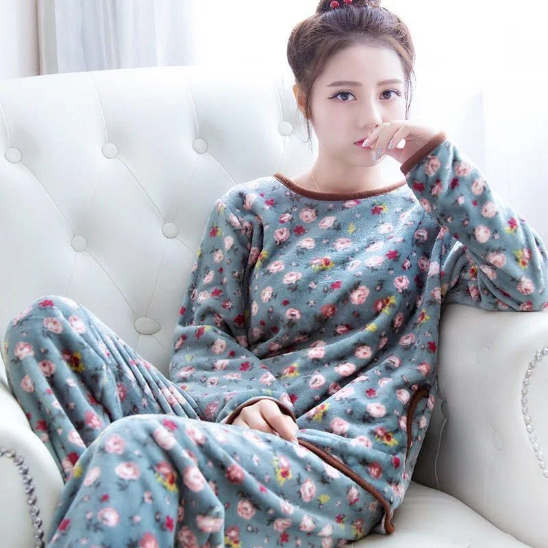 Pajamas Set Casual Sleepwear For Women Full Sleeve Sweet Pyjama Women's Fashion Soft Flannel Homewear Big Size