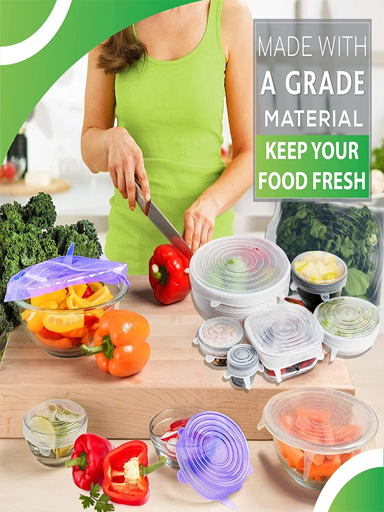 

6pcs Reusable Silicone Dust Stretch Lids Food Cake Cover Plastic Cover Large Microwave Silicone Fresh-keeping Sleeve Can Lid