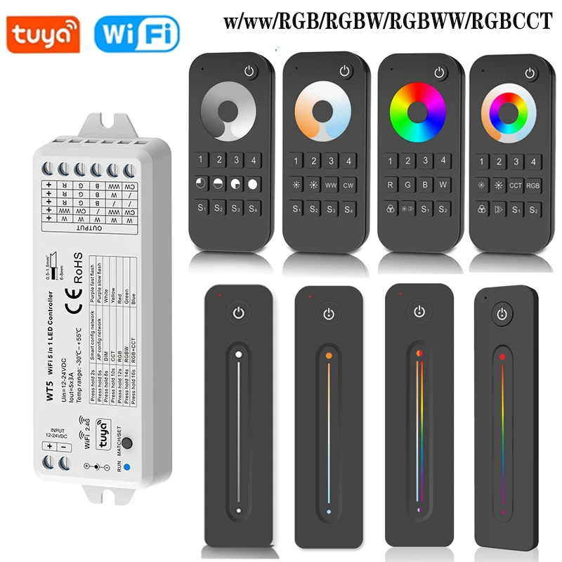 WT5 Tuya Wifi LED Controller 5in1 Dimmer DC12V 24V RGB RGBW RGBCCT LED Strip Light RF 4-Zone Touch Remote Controller for Alexa