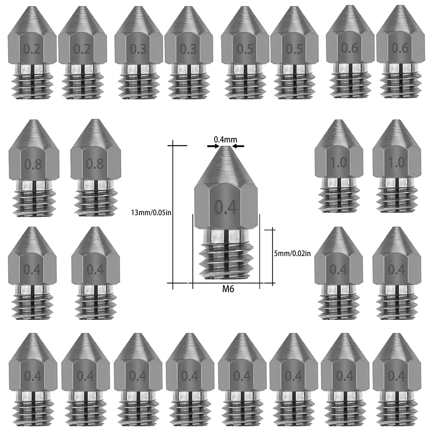 

24 шт., Форсунка для экструдера, Форсунка для 3D-принтера MK8, 0,2 мм, 0,3 мм, 0,4 мм, 0,5 мм, 0,6 мм, 0,8 мм для Makerbot Creality CR-10 Ender 1,0