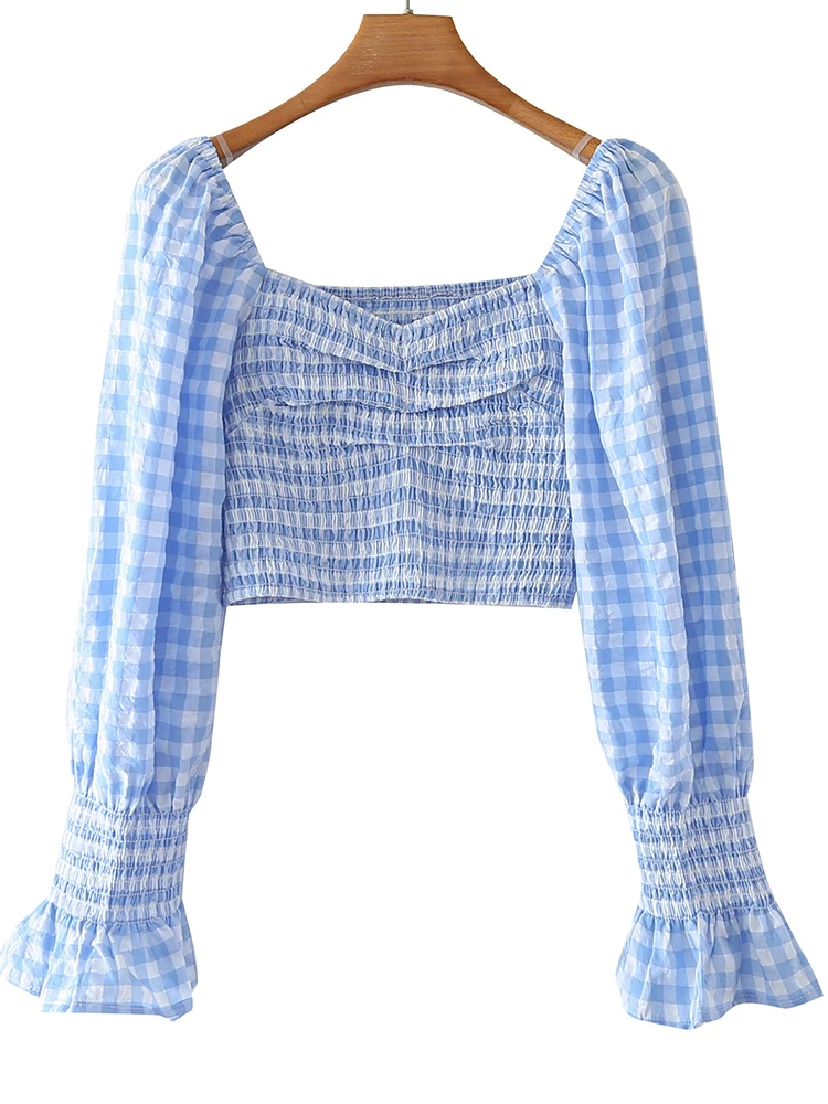 

Женский клетчатый укороченный топ с квадратным вырезом и длинным рукавом