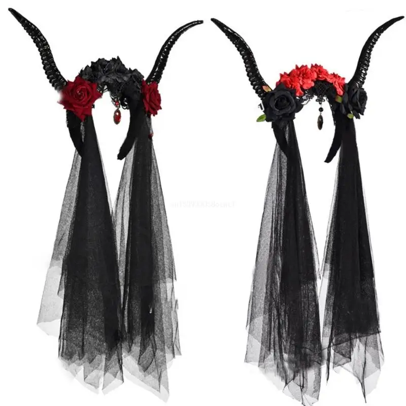 

Sheep Horn Gothic Headband Steampunk Devil Horns Rose and Tulle Decorations Dropship