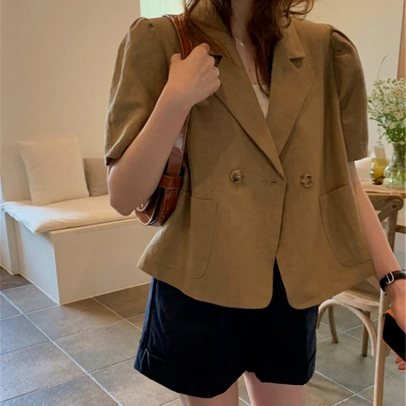 Korean Fashion Chic Puff Sleeve Blazer Jacket Short Sleeve Buttons Pockets Linen Wild Short Outerwear 2023 Autumn Women Clothes