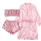 Розовый шелковый халат, костюм для сна, женский кружевной Атласный пижамный комплект с V-образным вырезом, ночная сорочка, одежда для сна, Пижама, Женская Весенняя ночная рубашка