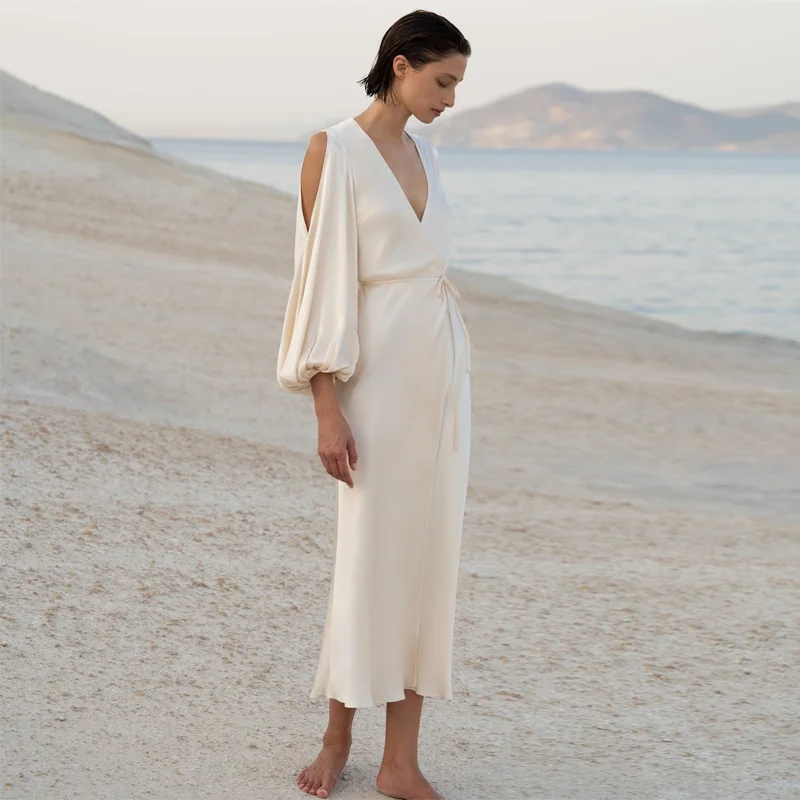 

2022 Elegant Satin White Dress Women Hollow Out Lantern Sleeve Maxi Beach Summer Dress Ladies Chic V Neck Sexy Outfits for Women