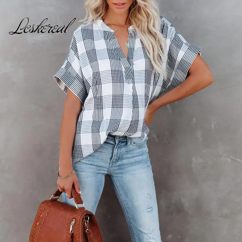 

Fashion V-neck Short Sleeve Plaid Women Tops And Blouses 2022 Summer Loose Casual Female Woman Shirt Blouses Femme Blusas