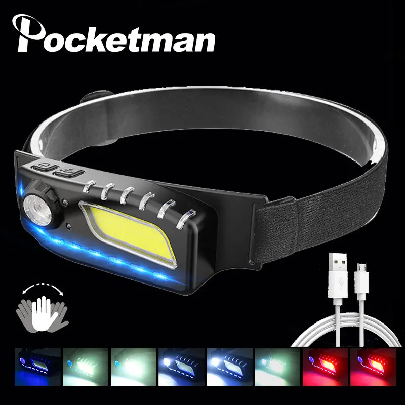 

Portable White/Red/Bule Light Headlamp 8 Modes COB Induction Head Torch USB Charging Fishing Camping Headlight