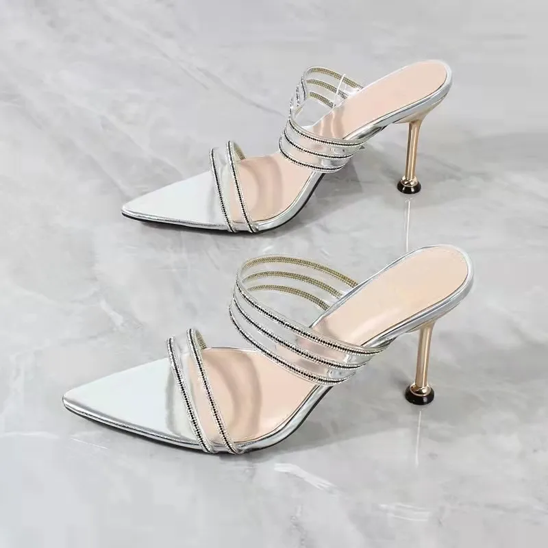 Women Heels Pointed Toe Transparent Sandals and Slippers Open Toe Rhinestone Stiletto Outerwear Banquet Shoes for Women 2022