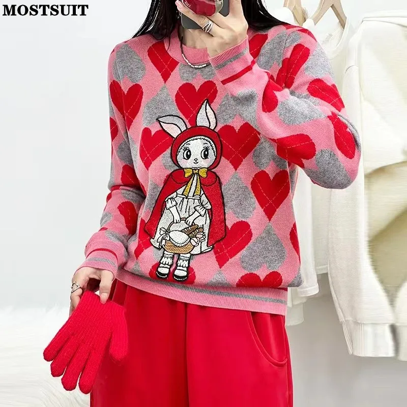

Cartoon Embroidered Sweater Women Jacquard Knitwear Pullover Vintage Elegant Stylish Chic Tops Long Sleeve O-neck Ladies Jumpers