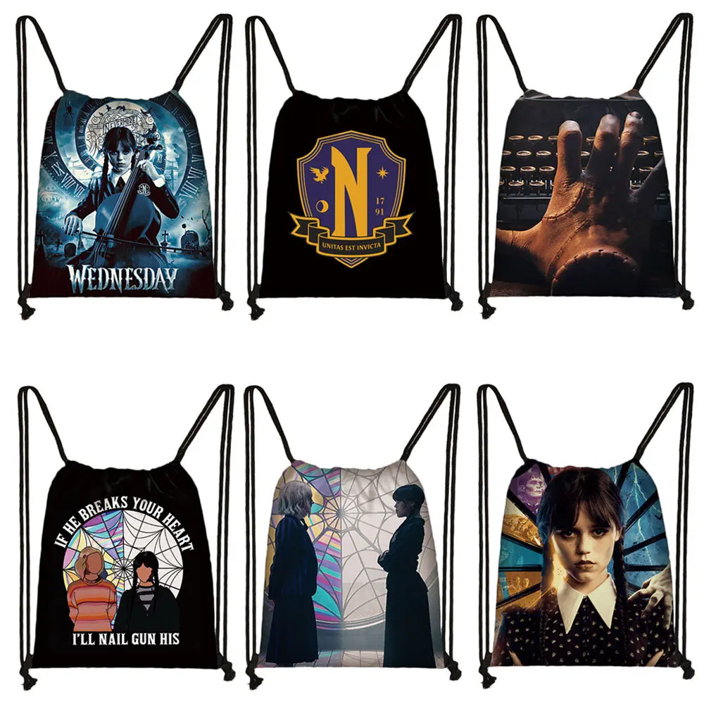 

Wednesday addams drawstring duffel bag Wednesday print flower drawstring bag polyester backpack student cramming bag