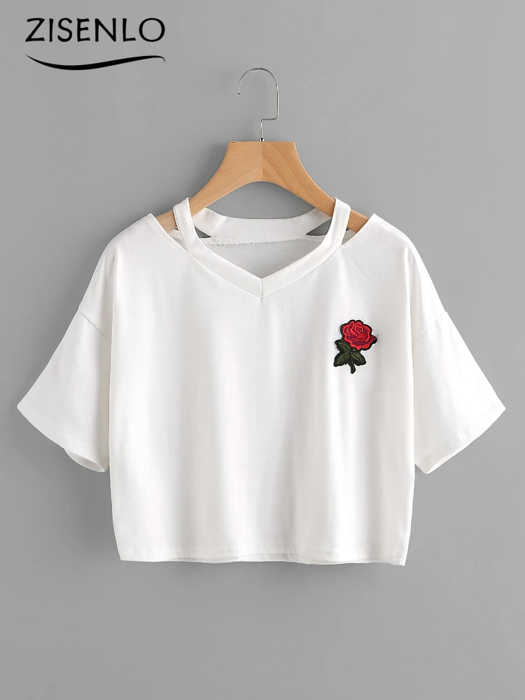 

Top Women Summer New Leisure Commuter Embroidered Rose Short T-shirt Bottoming V-neck Women's Pullover Short Sleeves Crop Top