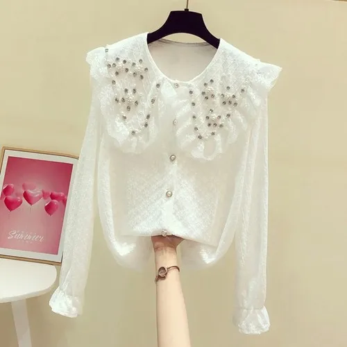 

Shinny Beads Diamond-Embedded Doll Collar Ruffled Lace Shirt for Women 2022 Autumn New Leisure All-Match Top Blusas