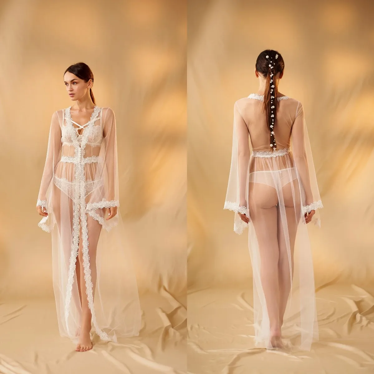 

Women Lace Appliques White Bridal Robe Nightgown Illusion V Neck Long Sleeves Sexy Sleepwear Bridal Boudoir Dress Front Split