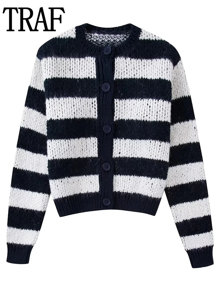 

TRAF Striped Cardigan Women Knit Cropped Cardigan Woman Long Sleeve Knitted Sweater Woman Winter 2022 Button Sweater Cardigans