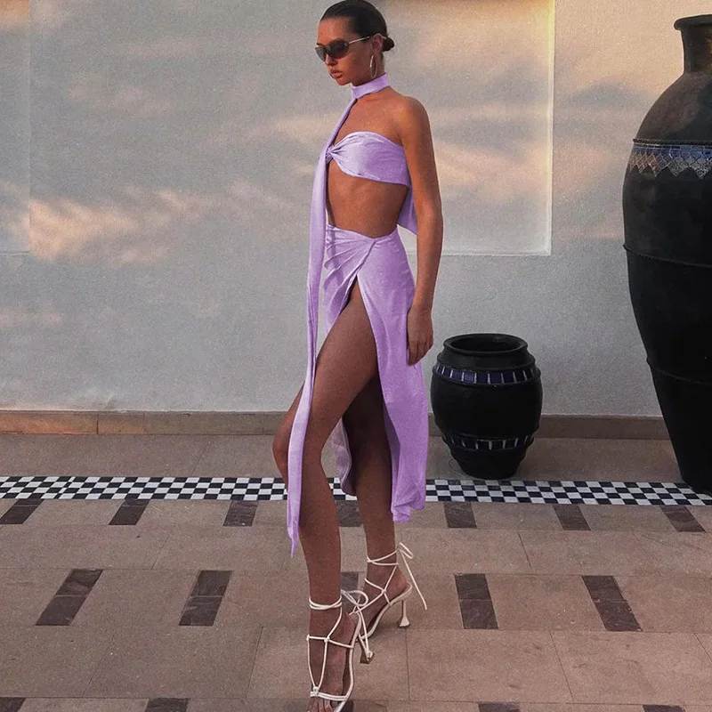 

Женский комплект из топа и юбки, элегантный комплект из двух предметов: Топ без рукавов с завязкой и длинная юбка с высоким разрезом, укороченный топ и кружевной воротник