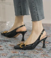 womens genuine leather thin high heel pointed toe slip on pumps elegant ladies ol style metal buckle evening dress heels shoes