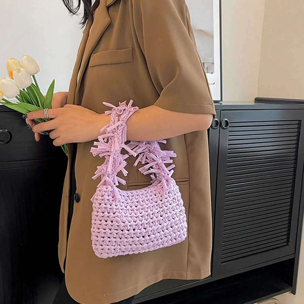 

Casual Armpit Bag Elegant Handmade Women Shoulder Bags Solid Color Woven Underarm Bag Summer Crochet Purse Female Clutch 2023