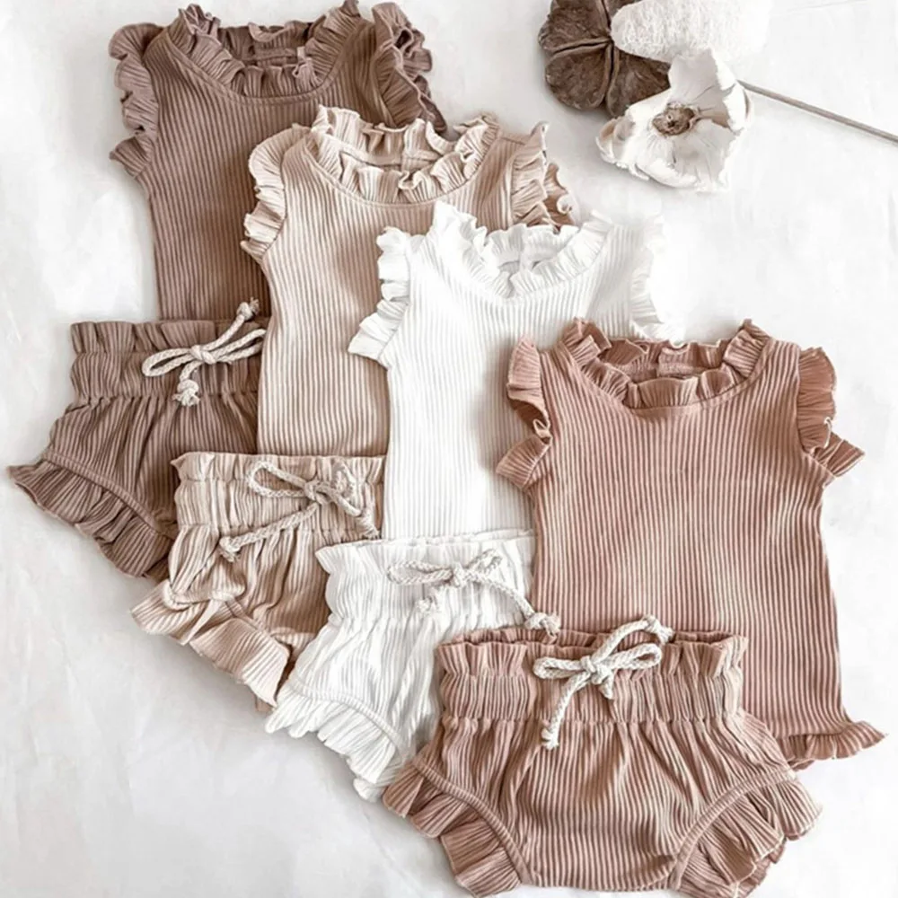 

New 2Pcs Infant Baby Girl Clothes Set Cotton Ruffle Newborn Girl Romper Tops + Bloomer Outfits Spring Summer Baby Girls Clothing