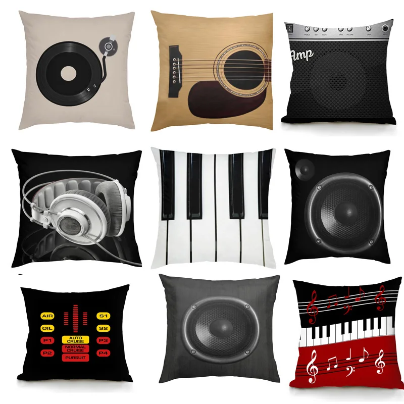 

Pop Band Cushion Cover Black Guitar Music Pillowcase Retro Speaker Piano Rock White Pillowcase Sofa Cover