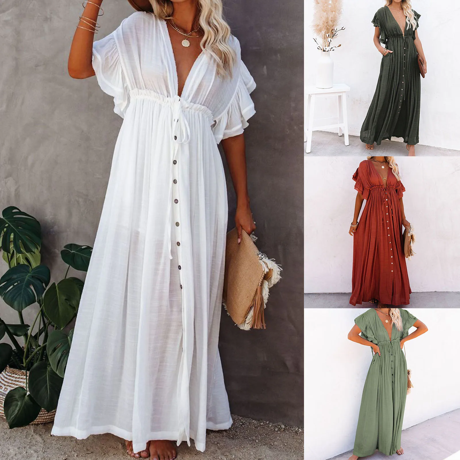 

Deep V Neck Evening Dresses for Women 2023 Summer New Line Single Breasted Vestidos Casual Loose Beach Long Dress