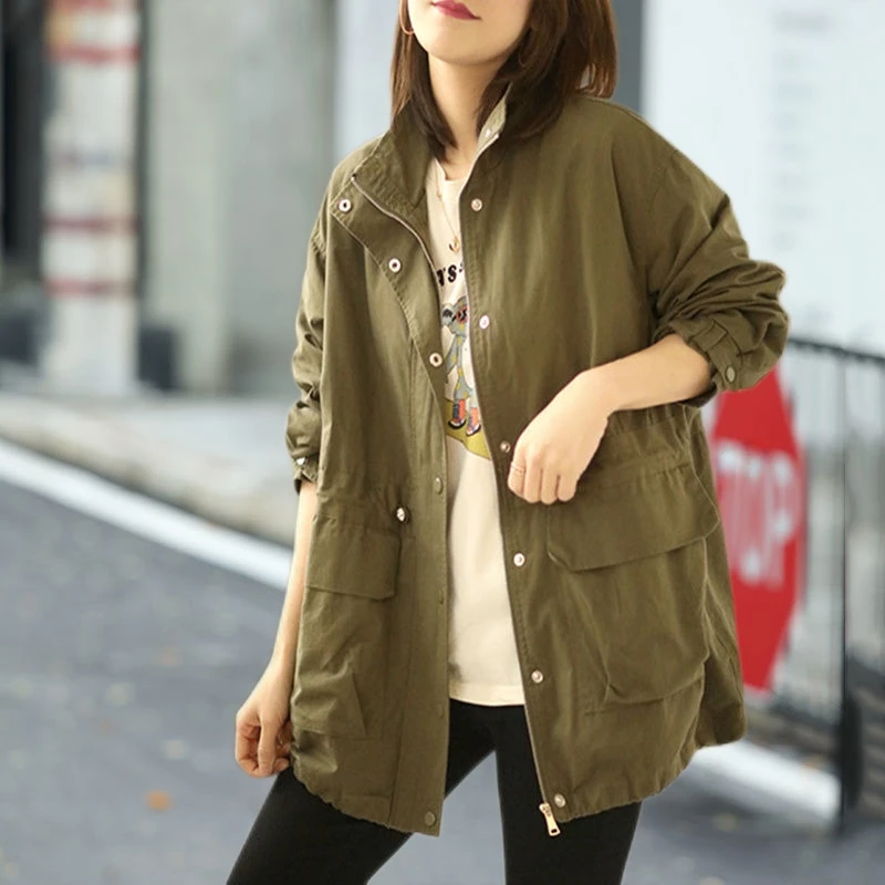 

Waist Closing Windbreaker Women's Work Clothes Jacket Loose Fashion Spring New Style Versatile Fashion Stand Collar Casual