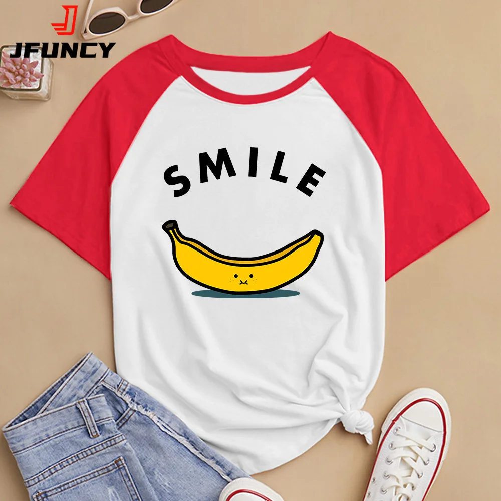 JFUNCY Women's Short Sleeve T-shirt Top Girls Summer Clothes 2022 New Smile Banana Printed Graphic T Shirt Fashion Female Tshirt